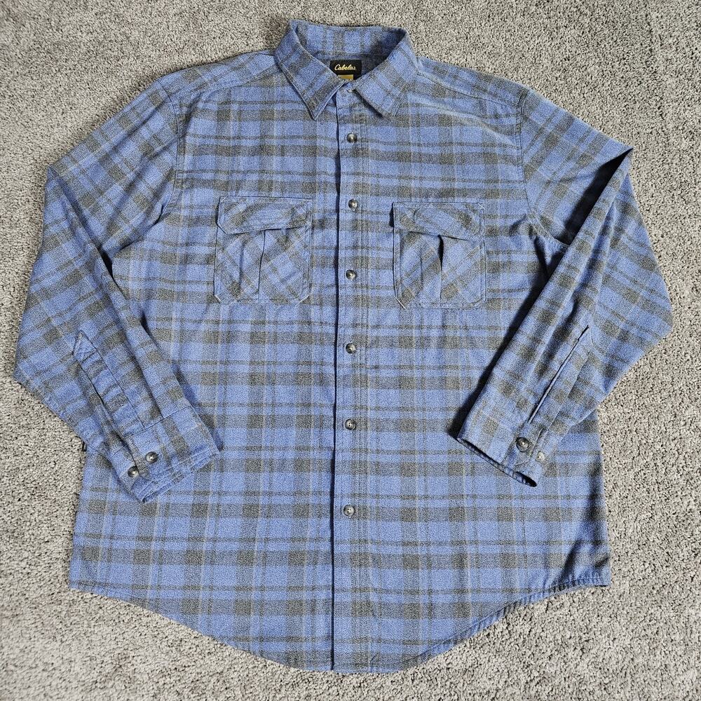 Cabelas Shirt Mens Large Blue Flannel Plaid Cabincore Work Outdoors Soft Cotton
